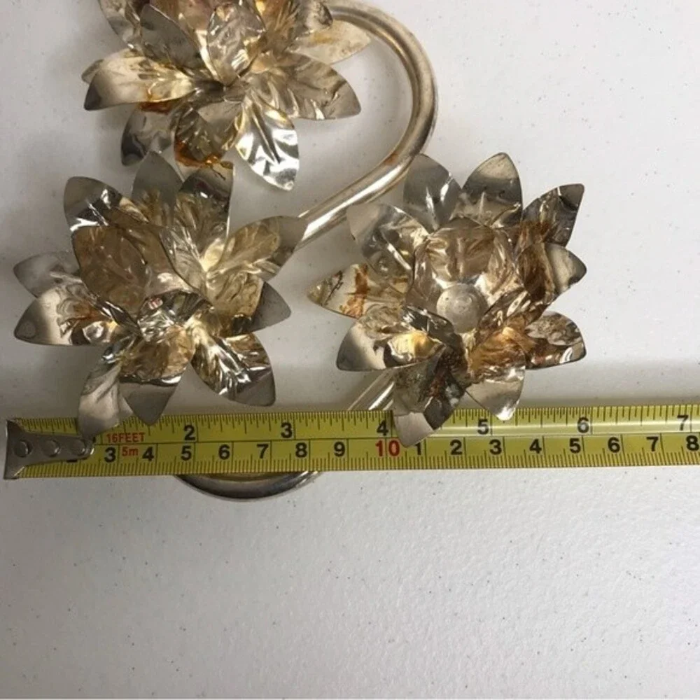 Vintage Triple Flower Candlestick Holder Silver Tone Candelabra Patina Holiday